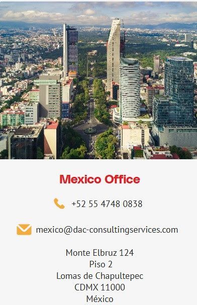 Mexico office contact information with a city skyline background.