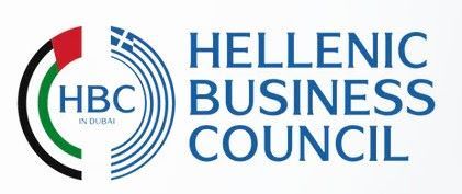 Logo of the Hellenic Business Council in Dubai; features a circle with the UAE and Greek flags' colors and text.