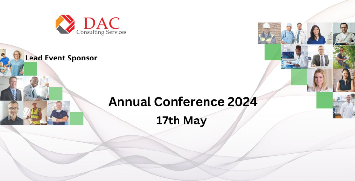 Annual Conference 2024 announcement with sponsor logo, event date, and headshots of professionals.