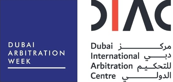 Dubai Arbitration Week logo. Blue background with text 