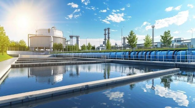 Water treatment facility with basins and industrial structures under a bright blue sky.