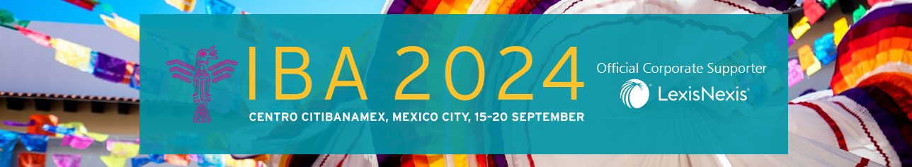 IBA 2024 conference logo on turquoise background, with colorful decorations.