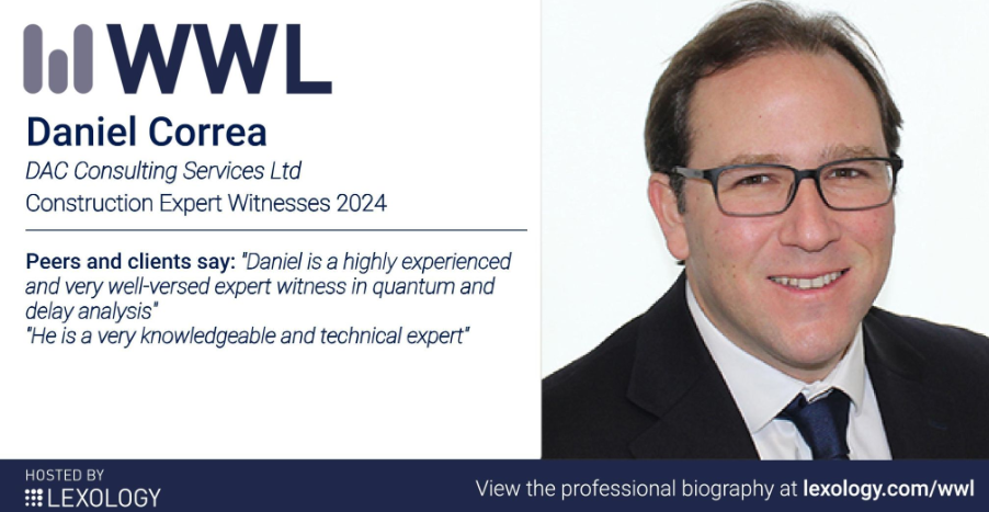 Daniel Correa, construction expert witness, headshot, with WWL logo and peer quotes.
