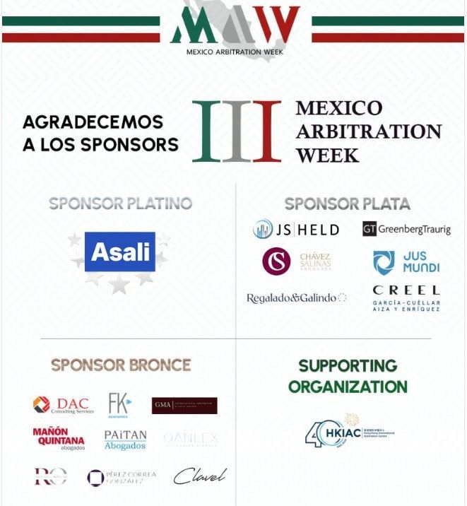 Mexico Arbitration Week sponsors listed, including Asali, JS Held, DAC, and HKIAC.