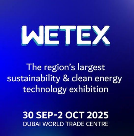 WETEX exhibition logo. Blue background with white text, promoting the sustainability & clean energy technology event in Dubai, September 30 - October 2, 2025.