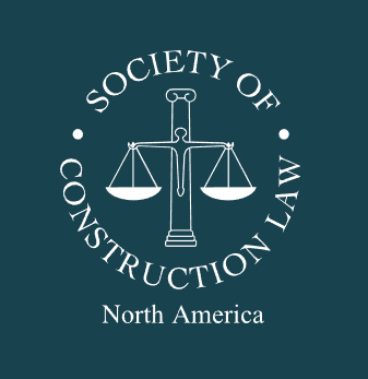 Society of Construction Law North America logo with scales of justice inside a circle on a teal background.