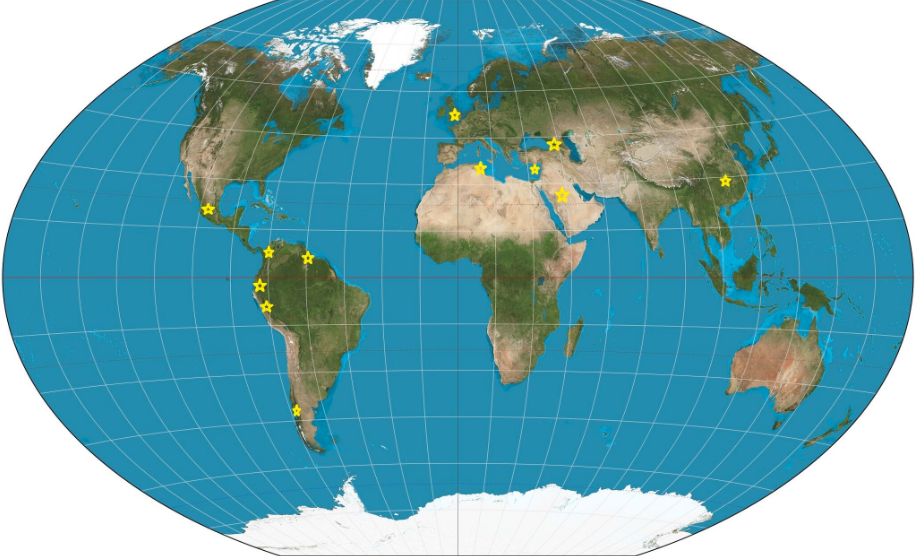 World map with yellow star icons marking various locations.