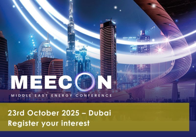 MEECON: Middle East Energy Conference in Dubai, October 23, 2025. Cityscape with energy beams. Register your interest.