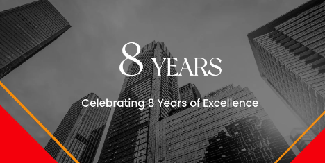 Celebrating 8 years of excellence. Skyscrapers in grayscale, red and gold accents with the number 