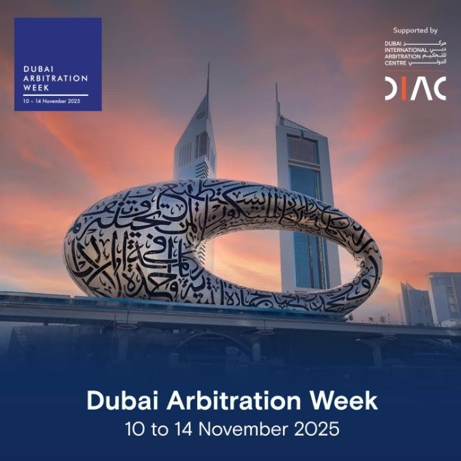 Dubai Arbitration Week advertisement with modern architecture and event dates.