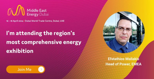 Advertisement for Middle East Energy Dubai. Man in a blue shirt,