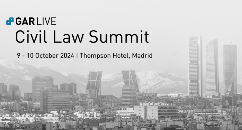 GAR Live Civil Law Summit in Madrid, Oct 9-10, 2024, with city skyline and Thompson Hotel.