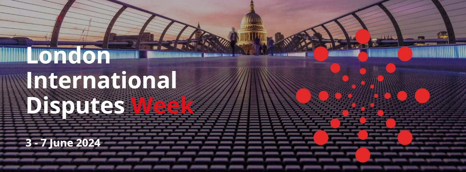 London International Disputes Week logo with London skyline and red dot design. 3-7 June 2024.