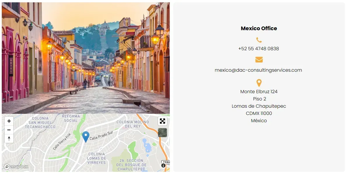 Street scene with colorful buildings, map, and contact information.