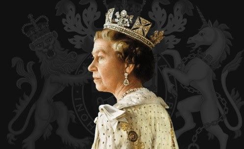 Queen Elizabeth II wearing a crown, jewelry, and a formal gown, with a crest in the background.