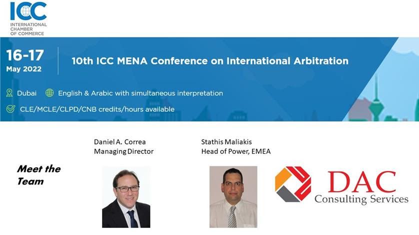 Promotional graphic for the 10th ICC MENA Conference on International Arbitration. It includes event details, logos, and two staff headshots.