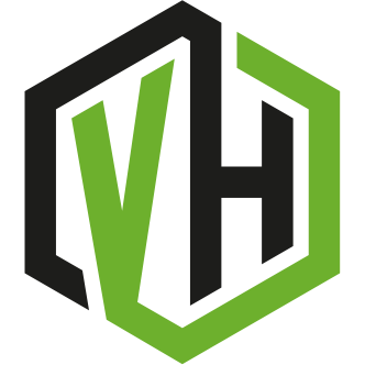 Zwart en groen zeshoekig logo met de initialen "VH".