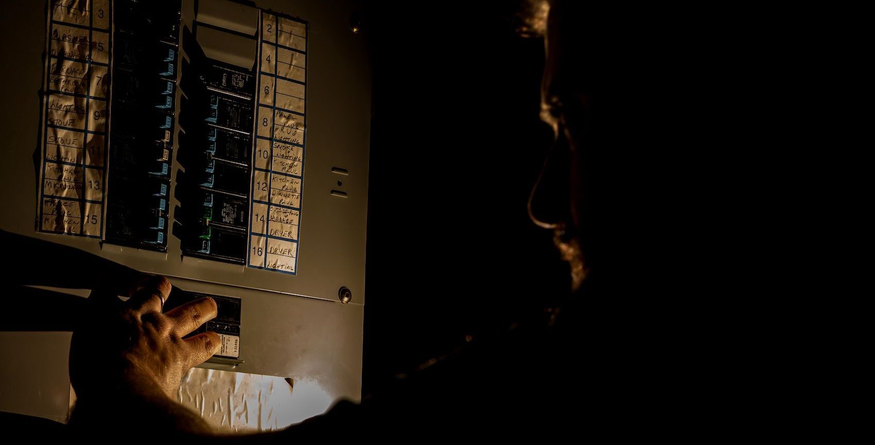 Stroomstoring / man bij stoppenkast in het donker