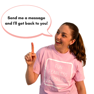 Woman in pink shirt with text bubble, pointing up, smiling. Message: 