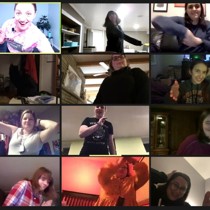Group video call with participants dancing and smiling. Various indoor settings with different lighting.