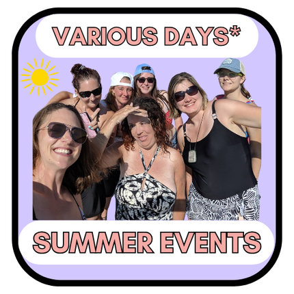 Group of smiling people in summer wear; text 
