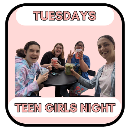 Four girls smiling, holding drinks, seated around a black table. Pink background, text: 