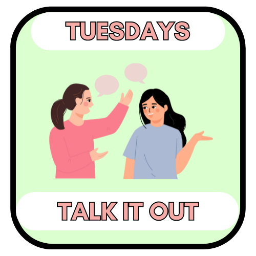 Two women conversing, speech bubbles, text