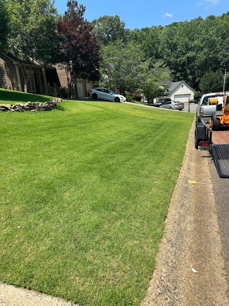 A lush green lawn with a truck parked on the side of the road.