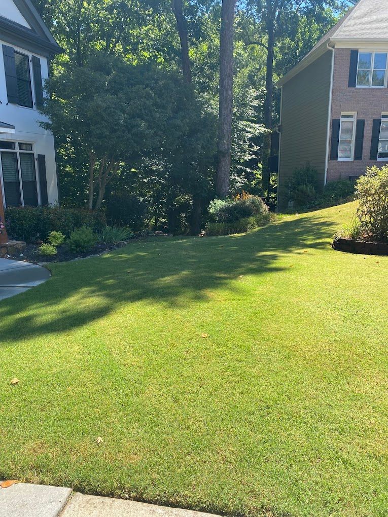 A lush green lawn in front of a house with trees in the background.