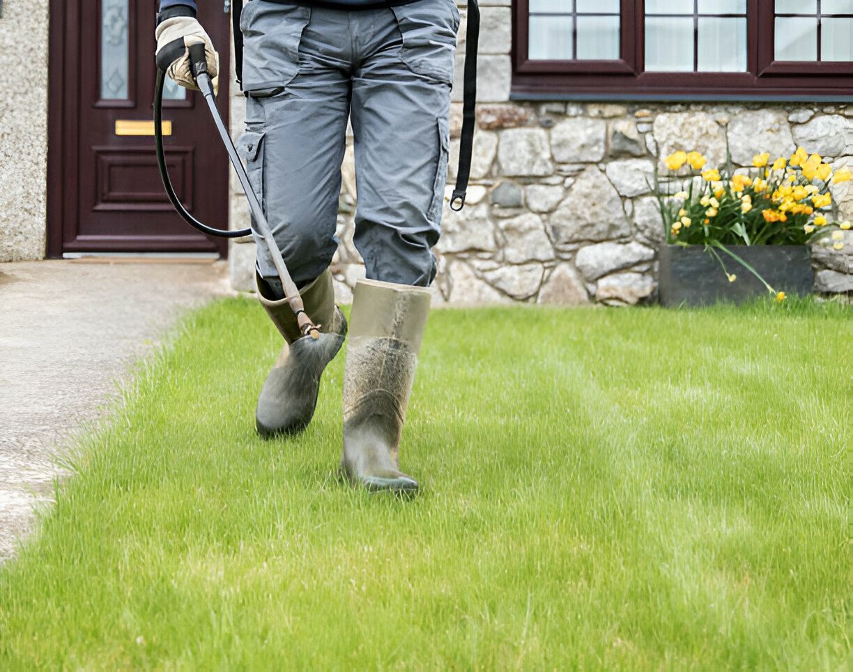 A man is spraying a lawn with a hose.