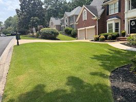 Suburban street with green lawns and brick houses on a sunny day