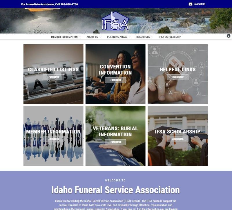 Website homepage of the Idaho Funeral Service Association with six feature boxes.