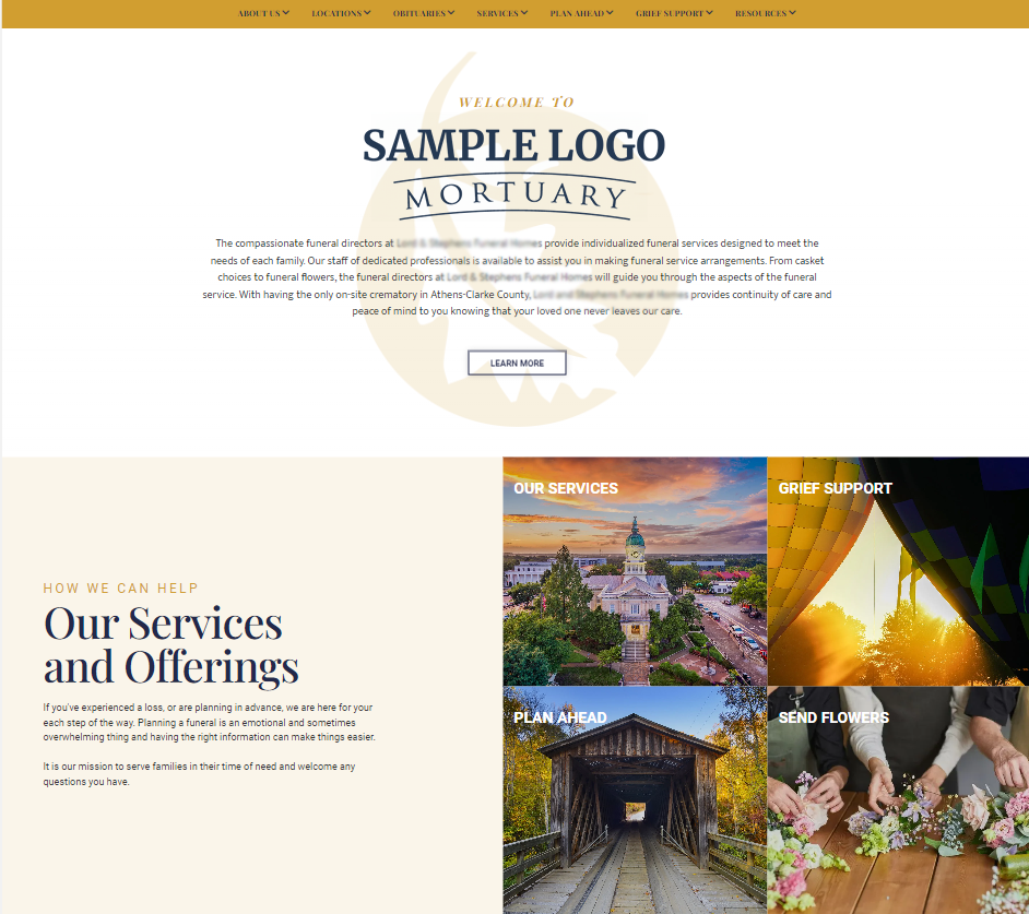 Website header for Sample Mortuary with logo and brief introduction. Section with service options.