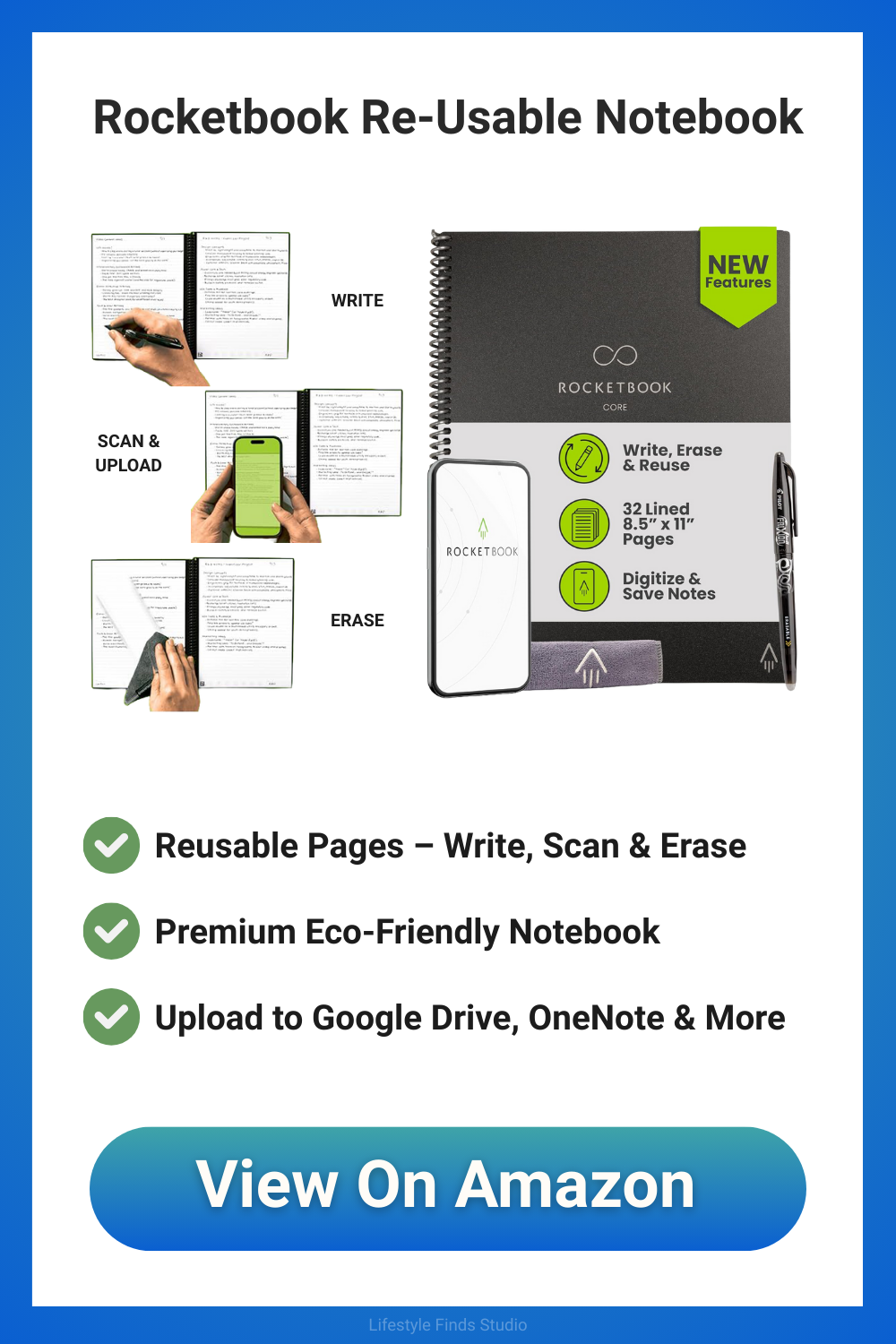 Rocketbook reusable notebook. Shows writing, scanning, erasing, with Amazon button.