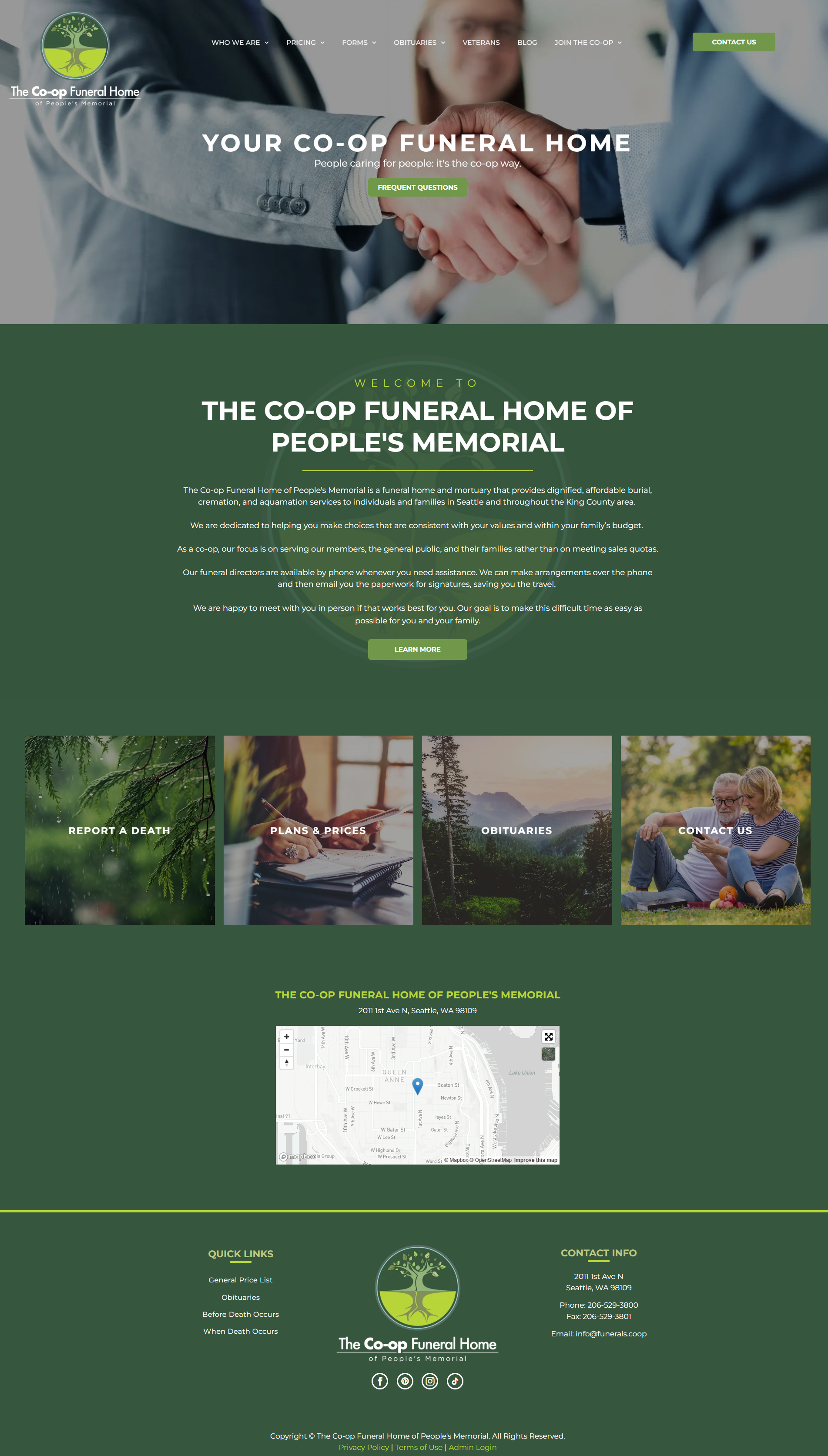 Webpage for a funeral home with handshake and outdoor scene imagery.