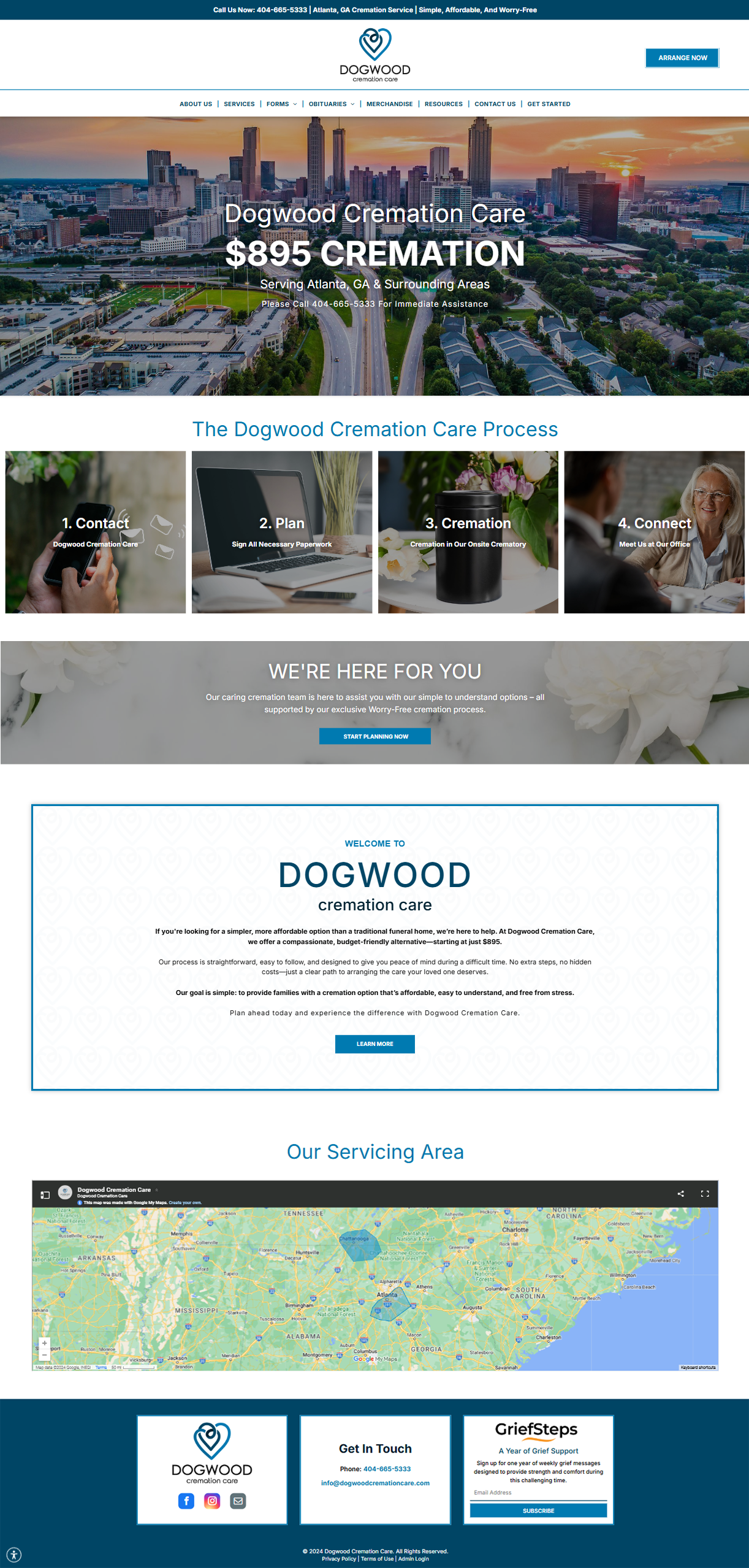 Website homepage with city view, offering cremation services. Contains map, icons and contact info.