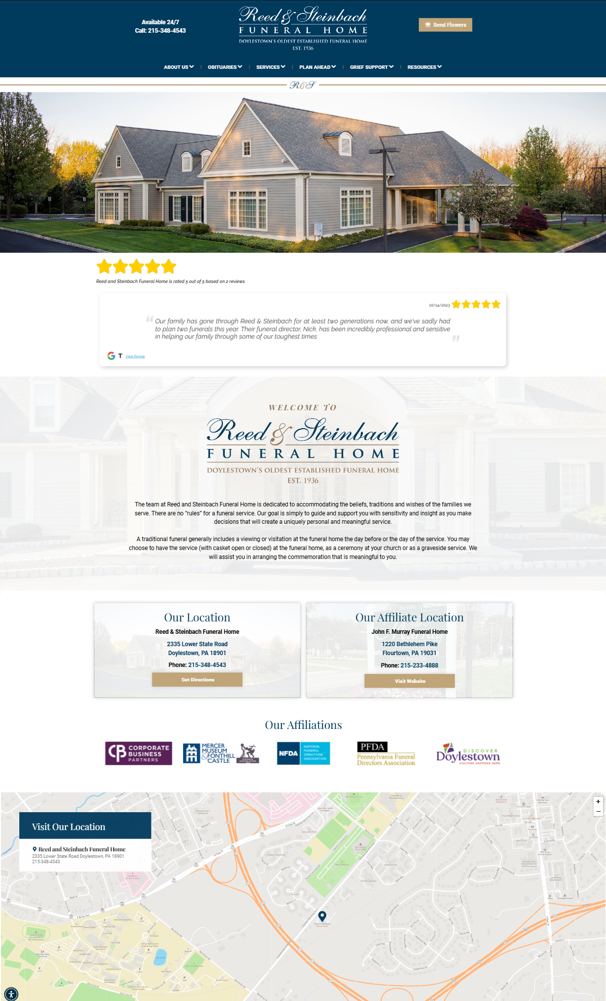 Website for Royal Funeral Home, featuring building exterior and map.