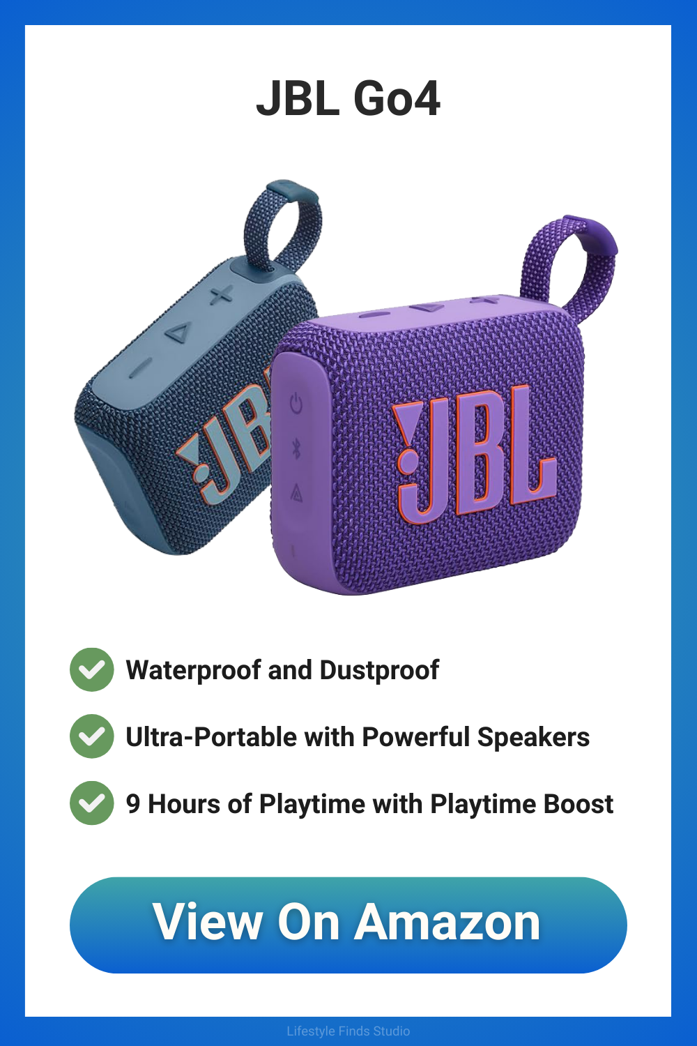 Two JBL Go4 portable speakers, purple and blue, with key features listed: waterproof, portable, and 9-hour playtime.