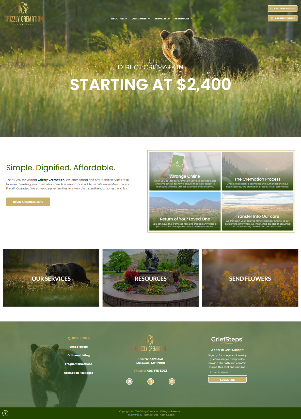Grizzly bear in a grassy field; website for bear viewing tours. Starts at $2,400.