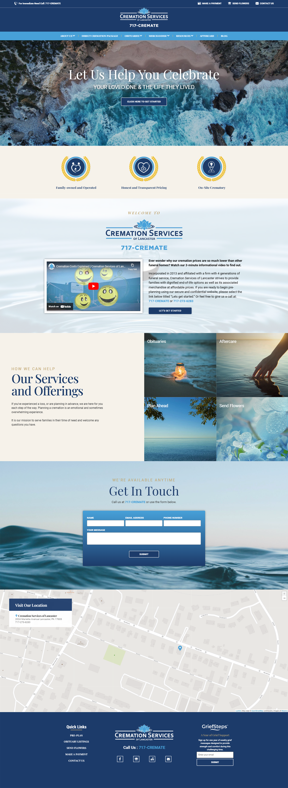 Website landing page with ocean theme: navigation, photo gallery, contact form, map.