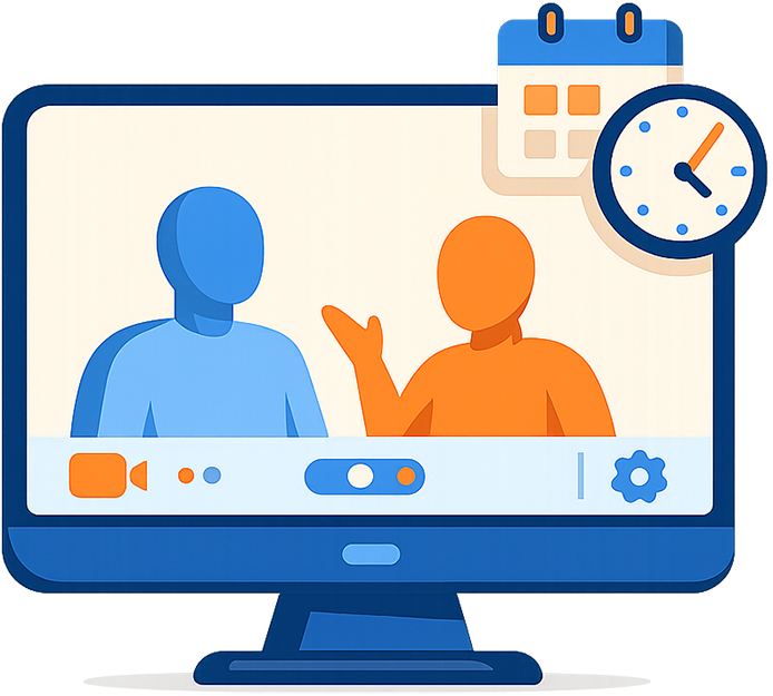 Video call on a computer screen. Two figures, orange and blue, appear to be interacting. Calendar and clock icons.