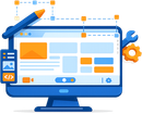 Website design illustration with a computer screen, pen, and tools.