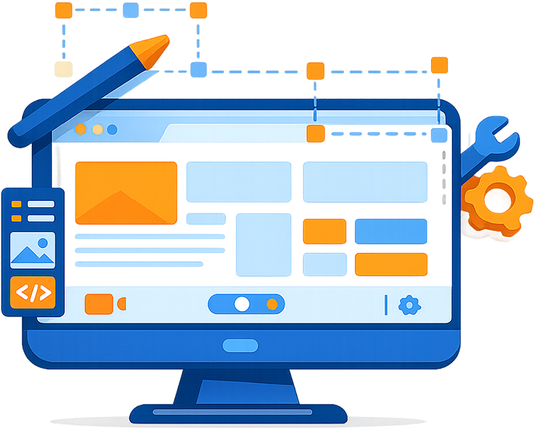 Website design illustration with a computer screen, pen, and tools.