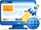 Computer screen with rocket launching, globe, and website layout elements, indicating web launch.