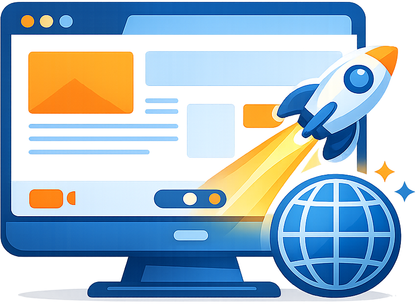 Computer screen with rocket launching, globe, and website layout elements, indicating web launch.