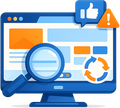 Computer screen with magnifying glass, alert, thumbs up, and refresh icon.