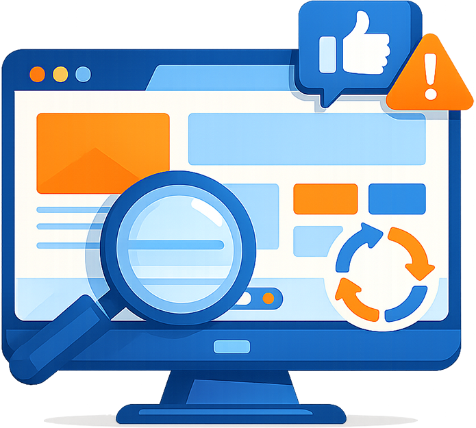 Computer screen with magnifying glass, alert, thumbs up, and refresh icon.