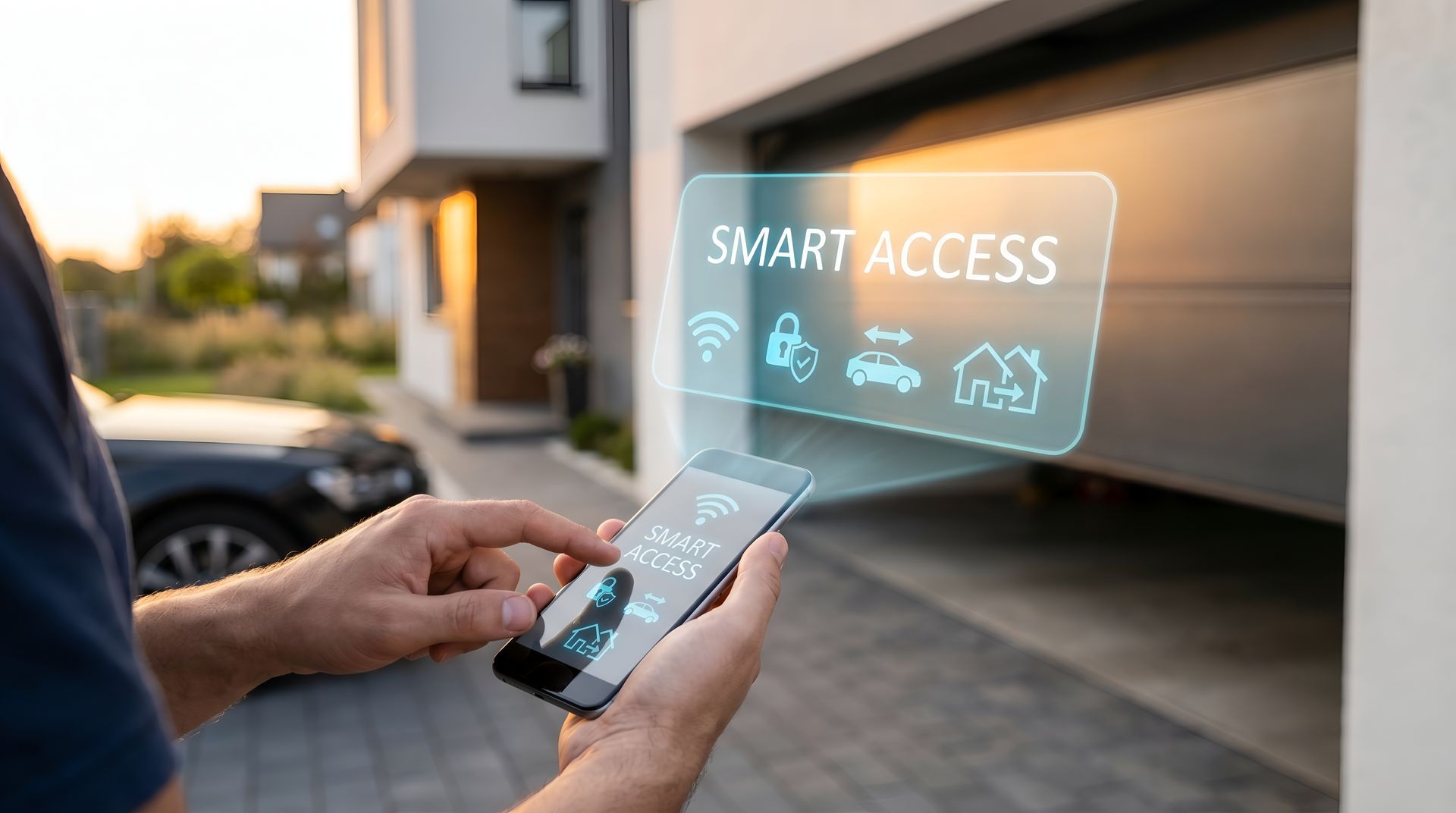 Homeowner tapping a smartphone app to control a smart opener after garage door repair services