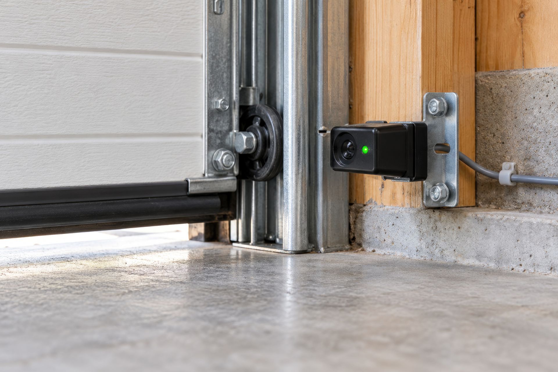 Garage door safety sensor with a green light, a key check in local garage door repair service