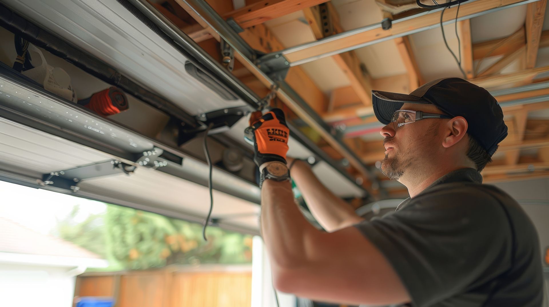 Person installing or repairing a garage door opener mechanism inside a garage.
